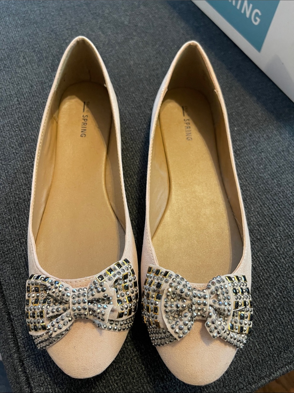 Call It Spring Suede Blush Pink Crystal Bow Flats